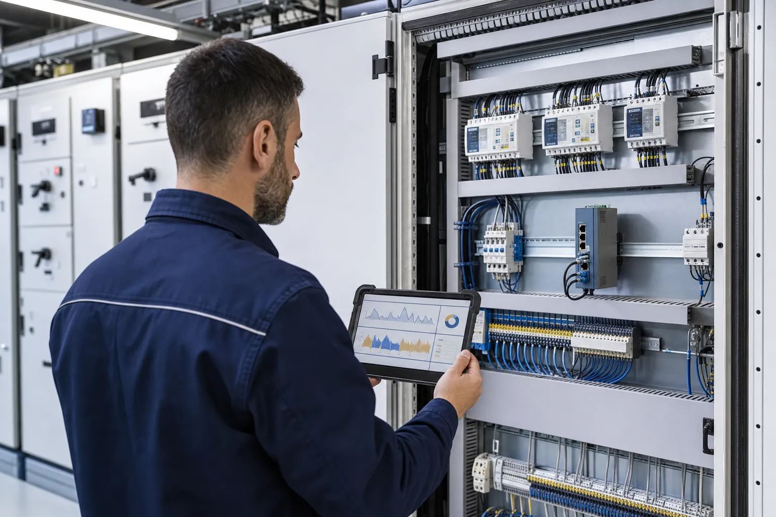 Tecnico durante la messa in servizio di misuratori energetici e gateway edge in un quadro industriale