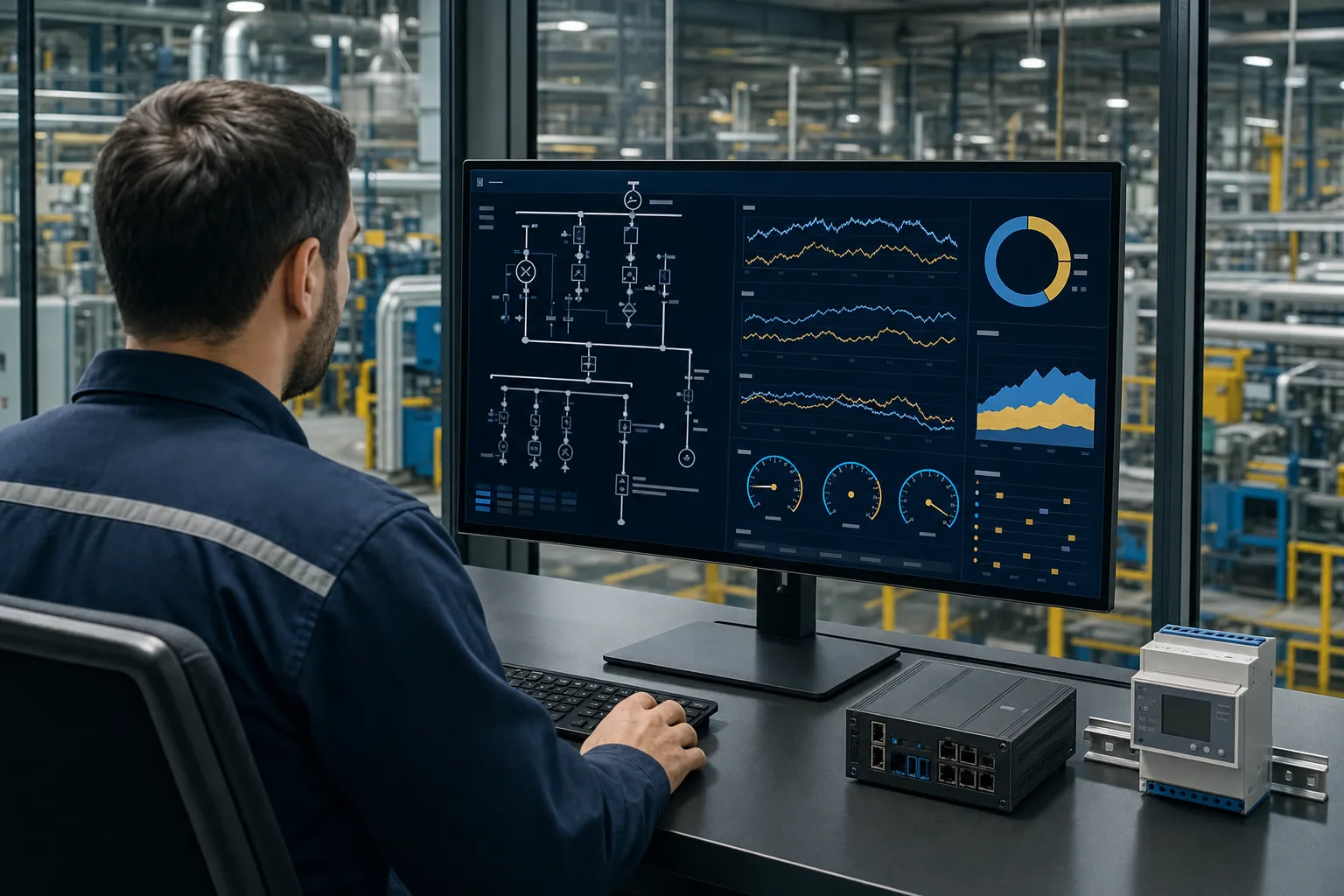 Postazione di supervisione con sinottico elettrico e dashboard dei consumi energetici