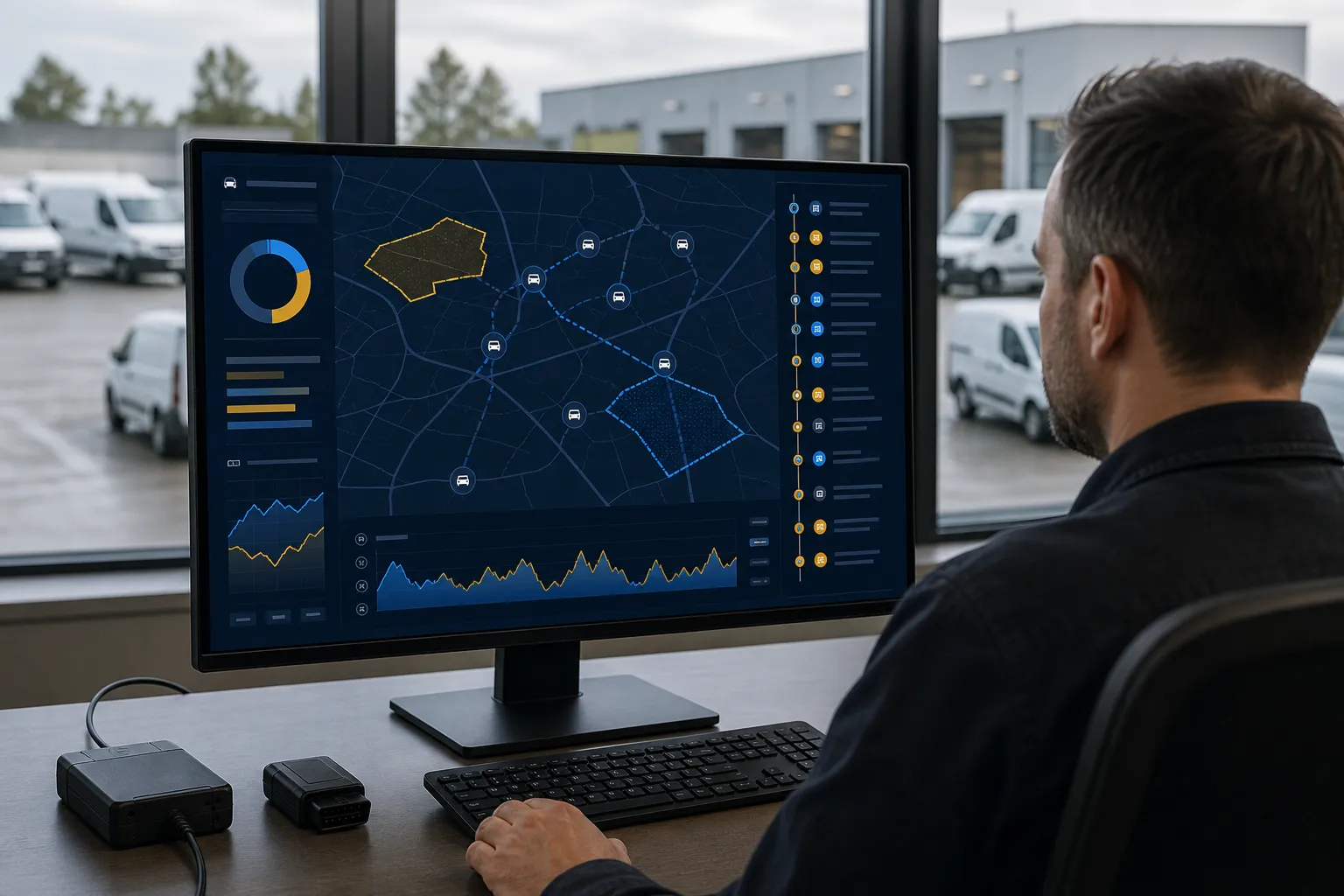 Postazione operativa con mappa della flotta, geofence, percorsi ed eventi