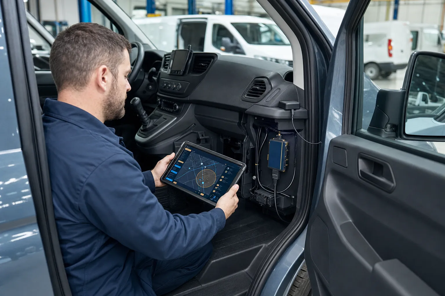 Tecnico durante l’installazione e il collaudo di un tracker GNSS e OBD su un veicolo commerciale