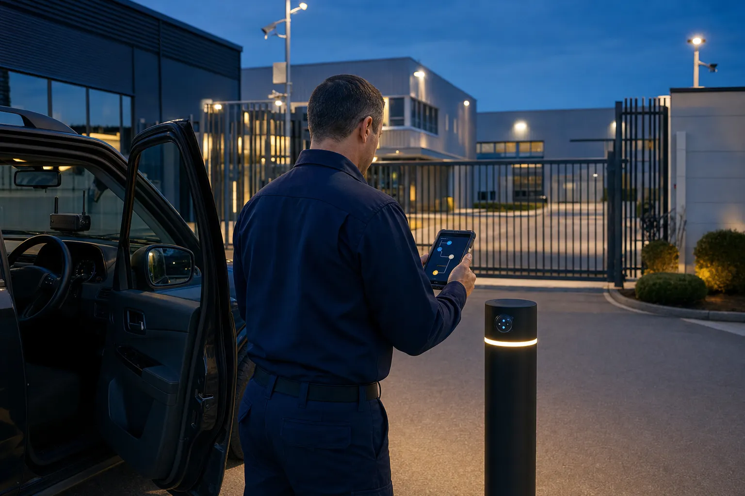 Operatore di vigilanza che verifica un checkpoint digitale presso un sito industriale
