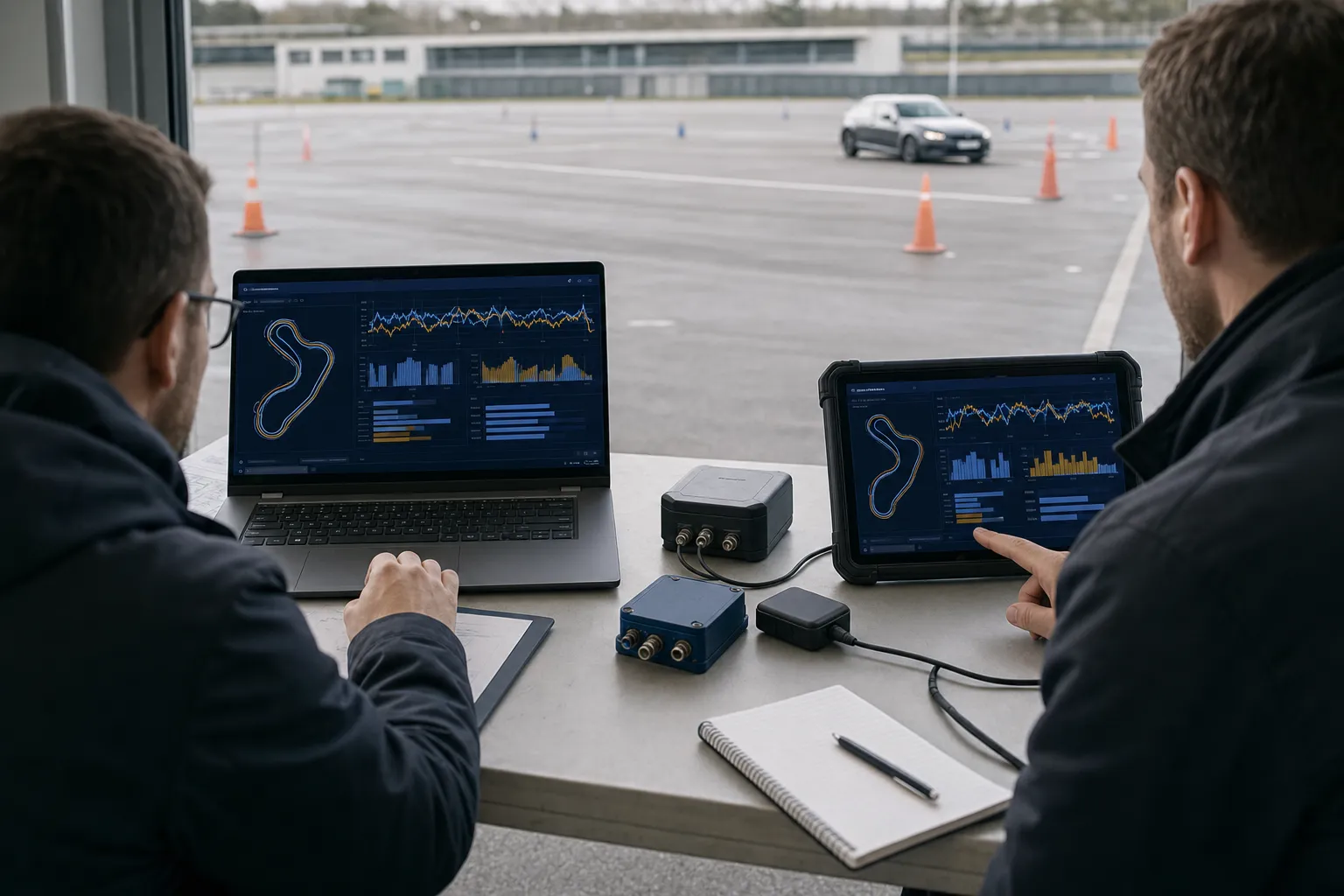 Tecnici che confrontano sessioni telemetriche su un circuito di prova
