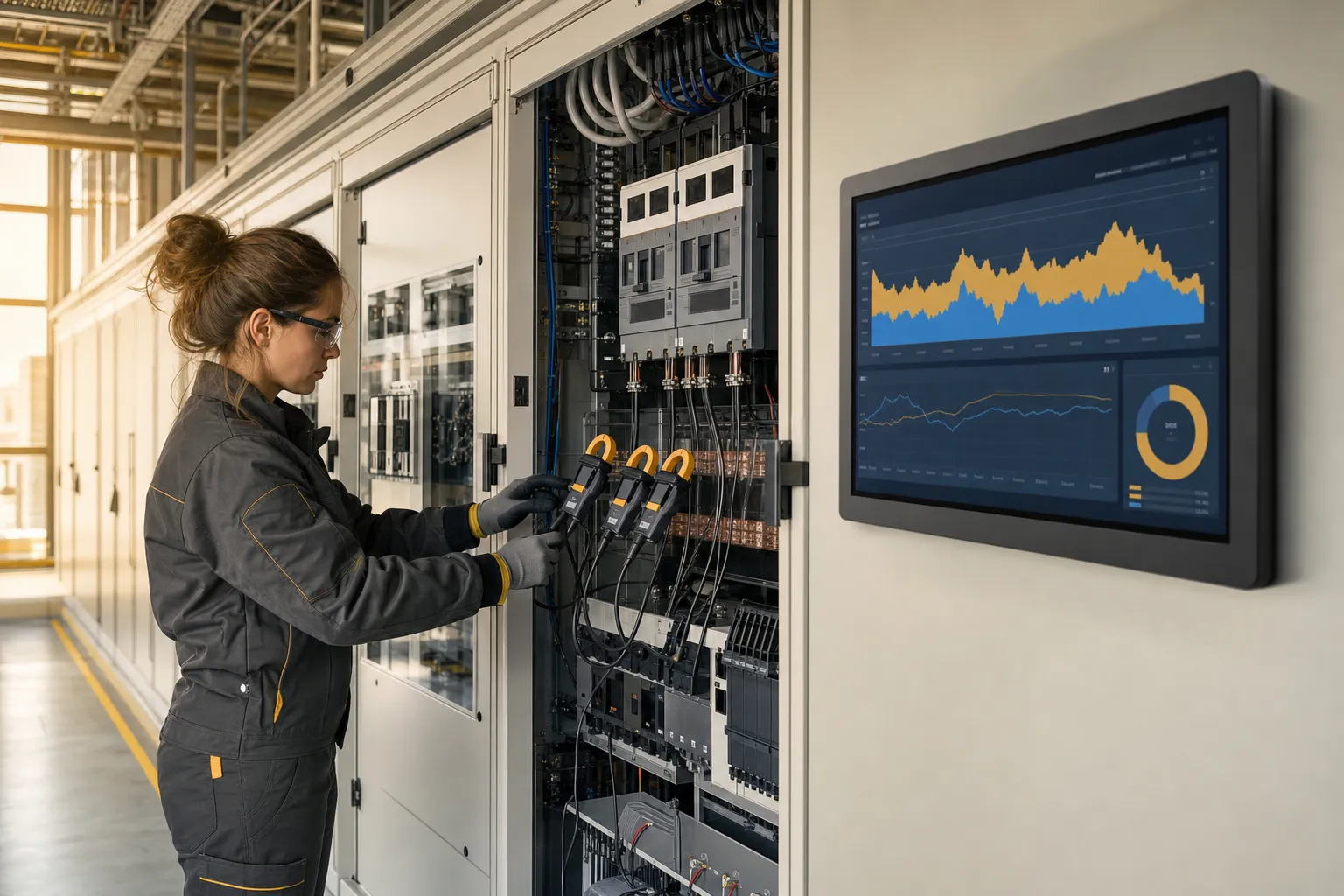 Tecnica che verifica sensori elettrici e dashboard energetica in un impianto industriale
