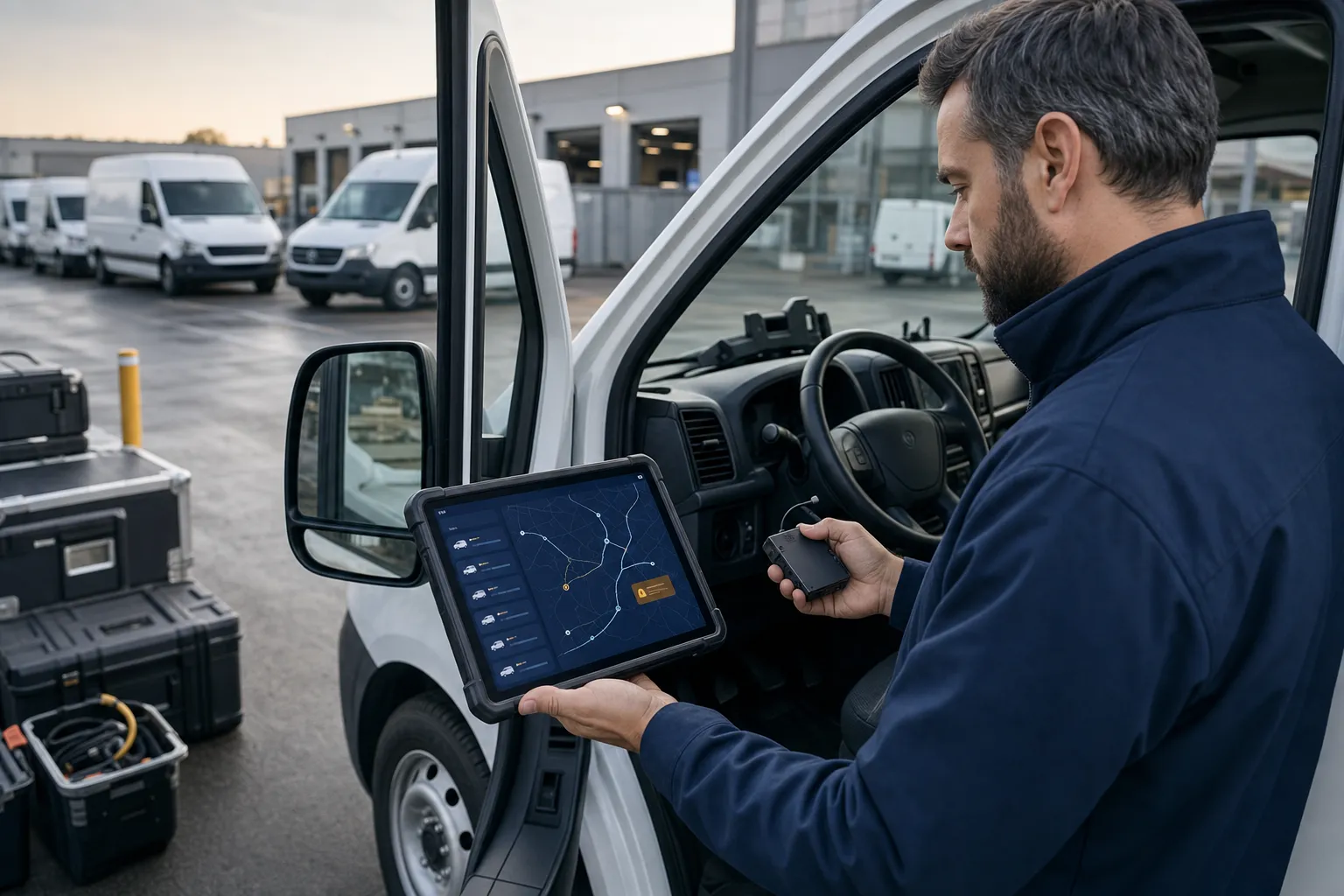 Tecnico che configura un tracker e consulta la flotta su tablet