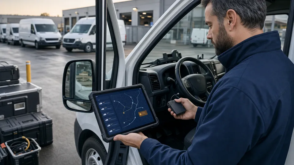 Tecnico che configura un tracker e consulta la flotta su tablet