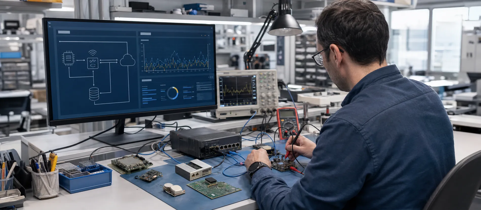 Ingegnere che verifica un prototipo IoT su banco, con dispositivi edge e architettura cloud visualizzata sul monitor