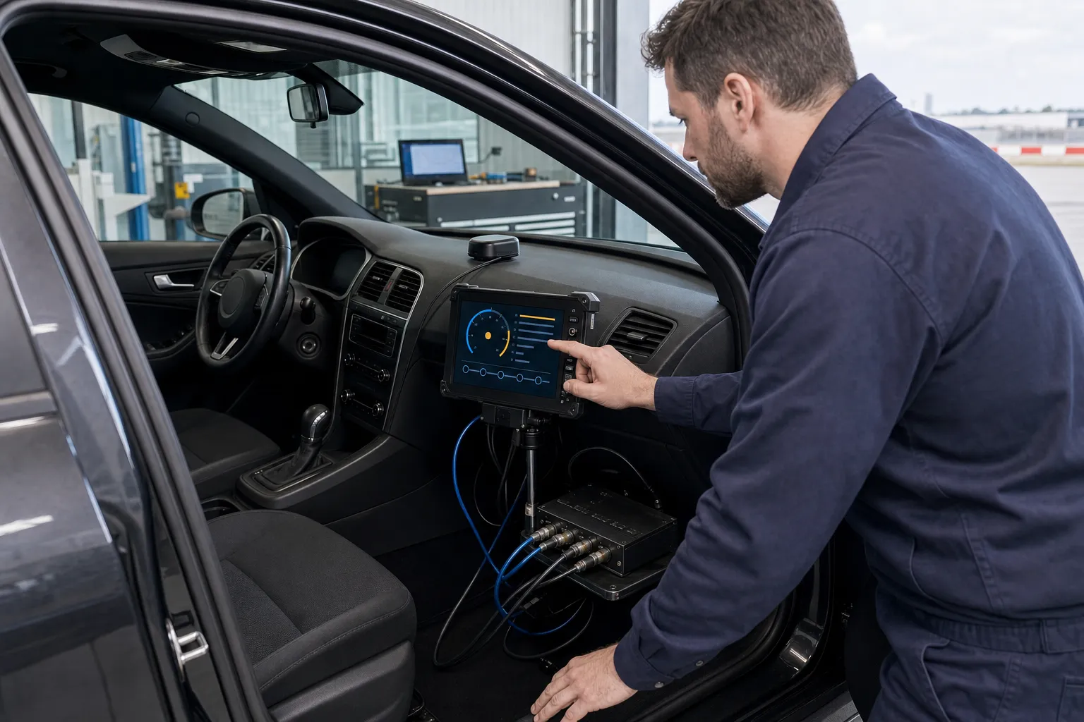 Tecnico che configura un display embedded collegato a GNSS e CAN in un veicolo di prova