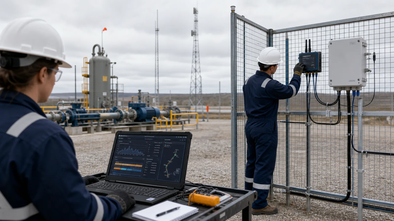 Due tecnici collaudano un gateway edge e una dashboard di telemetria presso un impianto industriale.