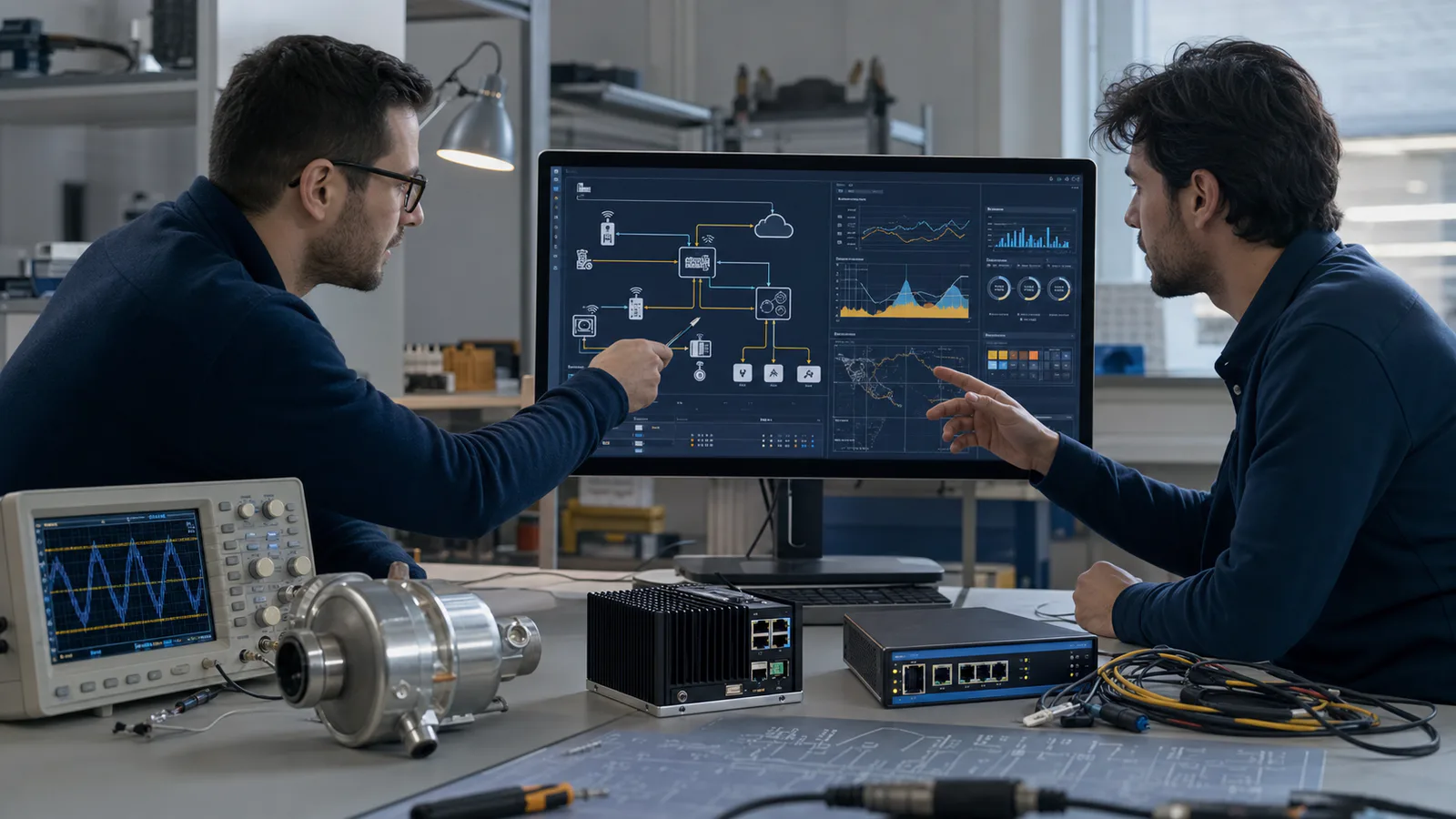 Due ingegneri progettano un sistema IoT confrontando dispositivi, strumentazione e architettura visualizzata su un monitor.