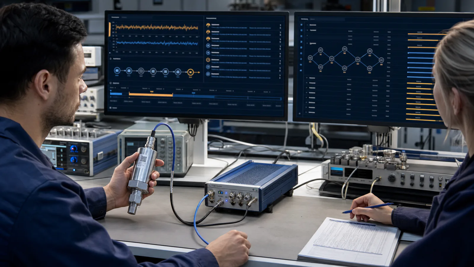 Due ingegneri verificano un sensore e la relativa catena di integrità e provenienza su monitor di laboratorio.